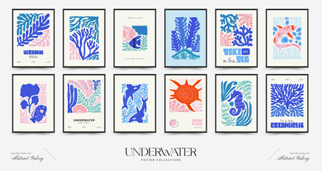 Underwater world, ocean, sea, fish and shells vertical flyer or poster template. Modern trendy Matisse minimal style. Hand drawn design for wallpaper, wall decor, print, postcard, cover, template