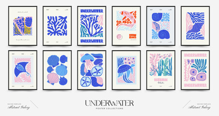 Fototapeta na wymiar Underwater world, ocean, sea, fish and shells vertical flyer or poster template. Modern trendy Matisse minimal style. Hand drawn design for wallpaper, wall decor, print, postcard, cover, template