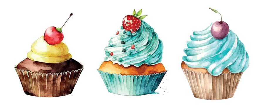 cupcake set with cream. watercolor illustration ice cream