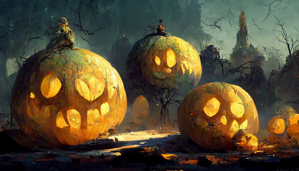 Halloween theme with pumpkins scene illustration Generative AI Content by Midjourney