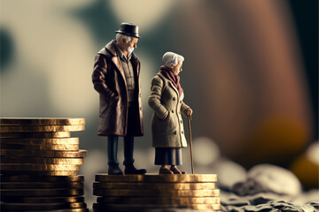 Concept of retirement planning. Old couple standing on top of coin stack. Retirement saving or investment pension fund, planning for wealth and expense for living after retire. generative ai.