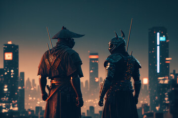 Two samurai standing in front of a city at night, Generative AI