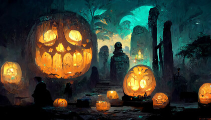 Mayan style halloween theme pumpkins ghosts in the dark night  illustration Generative AI Content by Midjourney