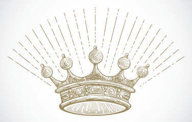 Crown drawn in an engraving style, conditional (symbolic) illustration of the crown. Vector illustration.