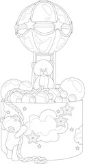 Cartoon teddy bears with air balloon sketch template. Graphic vector illustration in black and white for games, background, pattern, decor. Children's story book, coloring paper, page, print
