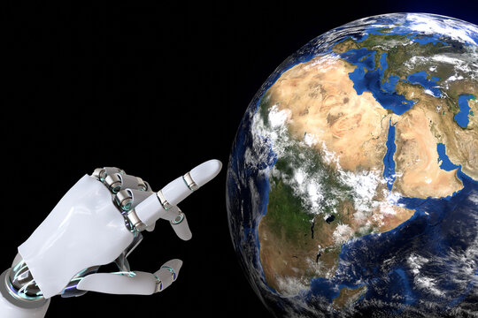 Robot hand pointing finger to earth. Technology concept background. 3D illustration image.
