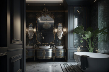 A luxury bathroom with a tub, sink and mirror, Generative AI