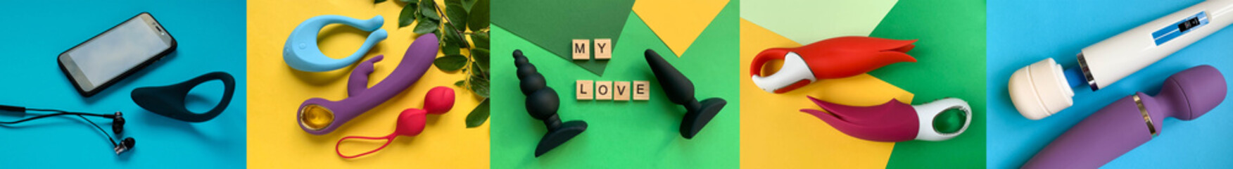 Collage of photos sex toy. Vibrators, anal plugs, sex massager, cock ring and geisha balls. Assortment sex shop. Flat lay © Olga Goretz