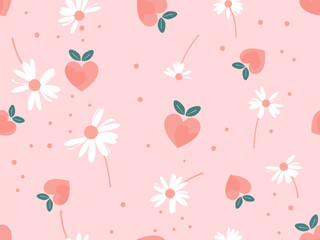seamless pattern with heart shaped peach and daisy flower on pink background vector illustration. Cute fruit print.