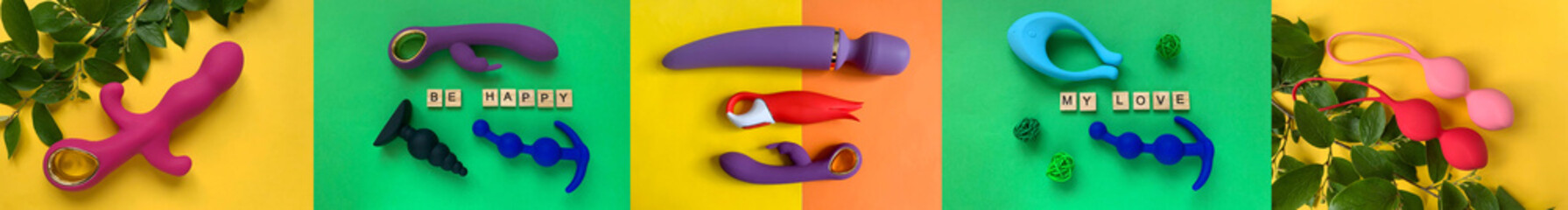 Sex toys collage. Sex shop assortment for relaxation and pleasure. Butt plags, rabbit vibrators,...