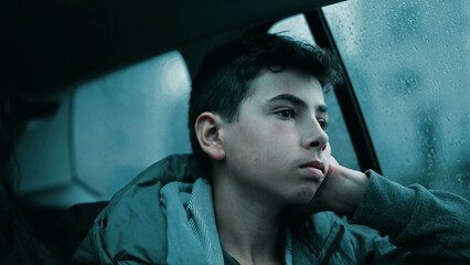 Depressed teen boy seated in car backseat looking out window during rainy day. Sad kid feeling boredom on road - Powered by Adobe
