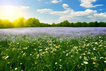 Fototapeta premium Sunny Day Bliss: A Blurry Nature Scene of Chamomile, Trees, and Blue Sky