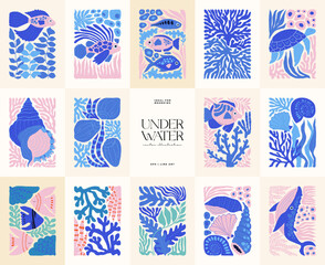 Underwater world, ocean, sea, fish and shells vertical flyer or poster template. Modern trendy Matisse minimal style. Hand drawn design for wallpaper, wall decor, print, postcard, cover, template