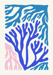 Underwater world, ocean, sea, fish and shells vertical flyer or poster template. Modern trendy Matisse minimal style. Hand drawn design for wallpaper, wall decor, print, postcard, cover, template