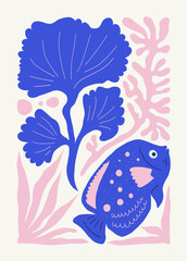 Underwater world, ocean, sea, fish and shells vertical flyer or poster template. Modern trendy Matisse minimal style. Hand drawn design for wallpaper, wall decor, print, postcard, cover, template