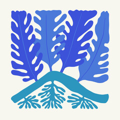 Underwater world, ocean, sea, fish and shells vertical flyer or poster template. Modern trendy Matisse minimal style. Hand drawn design for wallpaper, wall decor, print, postcard, cover, template