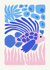 Underwater world, ocean, sea, fish and shells vertical flyer or poster template. Modern trendy Matisse minimal style. Hand drawn design for wallpaper, wall decor, print, postcard, cover, template