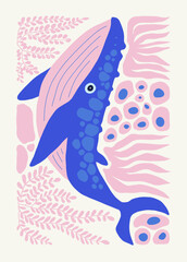 Underwater world, ocean, sea, fish and shells vertical flyer or poster template. Modern trendy Matisse minimal style. Hand drawn design for wallpaper, wall decor, print, postcard, cover, template