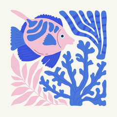 Underwater world, ocean, sea, fish and shells vertical flyer or poster template. Modern trendy Matisse minimal style. Hand drawn design for wallpaper, wall decor, print, postcard, cover, template