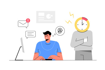 Big isolated employee working in office interior workplace flat vector illustration, under pressure, working deadline, problem solving,  business theme