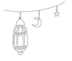 Continuous one line drawing of Ramadan Kareem Symbol. Simple illustration of ramadan latern, star, moon  line art vector illustration.