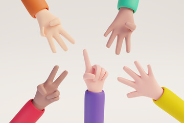 Cartoon hand showing fingers from one to five togerther. Rating or countdown design elements on white isolated background. 3D rendered image.