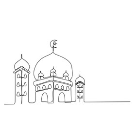 Continuous one line drawing of Mosque. Simple illustration of islamic ornament line art vector illustration.