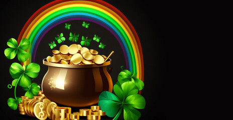 St. Patricks Day pot of coins Rainbow light Green shamrock clover Illustration, Generative AI