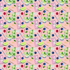 Fototapeta premium Watercolor seamless Mojito cocktail pattern, Summer seamless background, glass of mojito, ice cubes, mint leaves, fresh drinks print