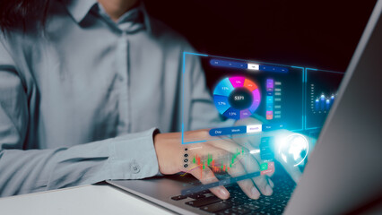 businesswoman analysed working with Business Analytics and process data system on computer, make a report and metrics connected to database. Corporate strategy for finance.