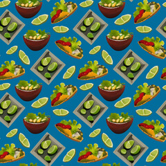 Cute seamless pattern with mexican food in cartoon style.