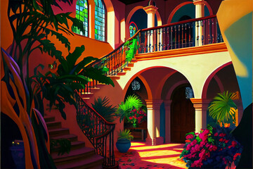 Obraz na płótnie Canvas Mexican villa interior with palm trees, cacti, stairs. Bright saturated colors. AI Generated.