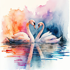 Watercolor of a couple of white swan make a love shape in the lake with orange, blue, and purple abstract background, for theme and gift card