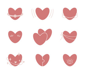 Set of 9 hearts ikons for Valentine's day celebration. Good for cards, invitation, stickers, t-shirt print. Isolated vector illustration on white background.