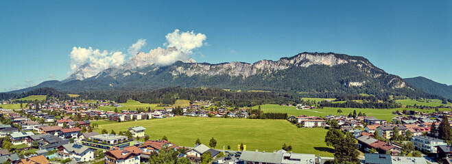 Gscheuerkopf peak in Tirol, mountain in the Austrian, Sankt Johann in Tirol, Dron view, Panorama