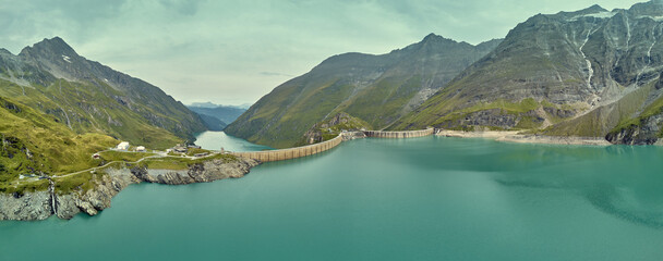 The Mooserboden Reservoirs in the Hohe Tauern National Park, Aerial view, Panorama
