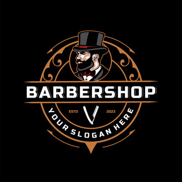 Barber Shop Retro Emblems in art deco style. Stylish barber logo templates.