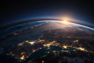 Earth from space with sunrise and city lights