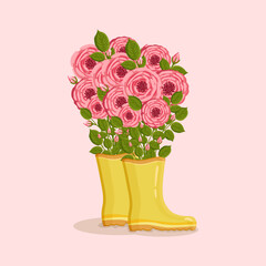 Bouquet of roses in yellow rain boots. Spring composition for Women's Day, Mother's Day, Valentine's Day and other holidays. Spring floral design isolated vector illustration.