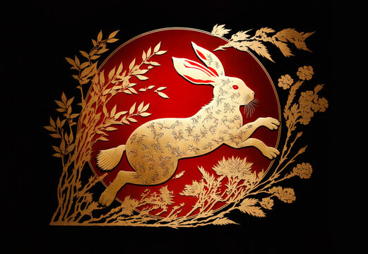 Chinese new year 2023 year of the rabbit. Gold ornate bunny rabbit on red and black background. Image created with generative ai