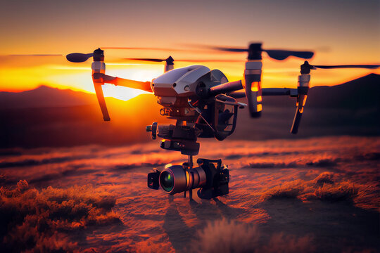 Drone flying at sunset. Qudrocopter in sky. Created with Generative AI technology