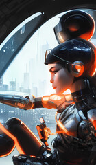 Fototapeta premium a woman in a futuristic car suit, cyberpunk art