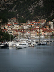 Fototapeta na wymiar panoramic view of yacht marina and town by the river