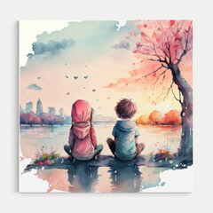 Boy and girl sit in the riverside and enjoy the sunset, for theme and gift card