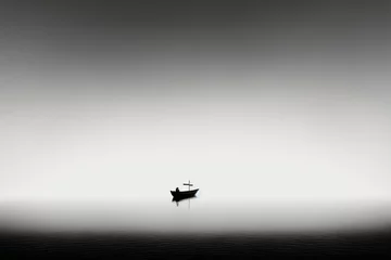  silhouette of a single rowing boat on the ocean, abstract picture, black and white,generative ai  © overrust