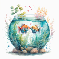 Two fishes in fish bowl with bubbles and plants around them, looks happy, for theme and give card