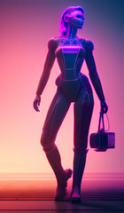 a woman in a futuristic suit with a briefcase and a handbag in her hand, standing in a room with a purple and pink background