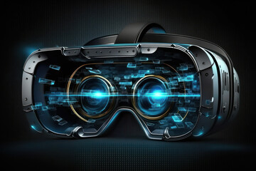 Virtual reality glasses on dark blue background, virtual reality school, gaming, study, technology concept.