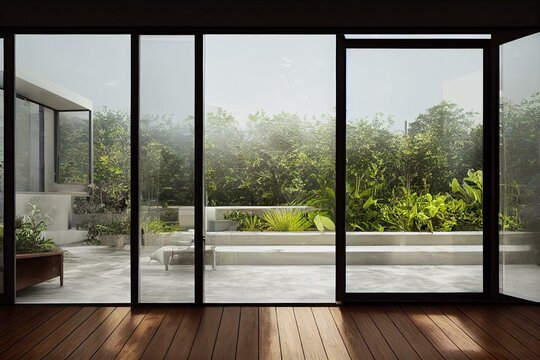 Interior of a closed white aluminum and glass terrace with large closed sliding doors with access to a garden with lawn and ornamental plants, wooden and wicker furniture inside,. Generative AI