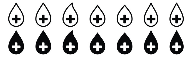 Health water drops icon set. Clean water sign. Water drops with plus sign in line and flat style for drinking, vector illustration